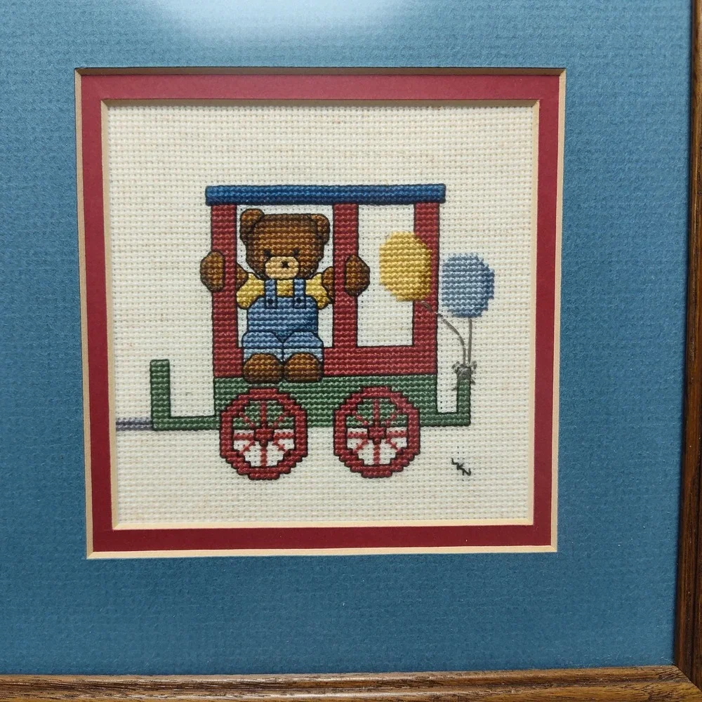 Vintage Framed Cross Stitch Nursery Art Geese Duck Teddy Bear Train Dale Burdett